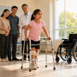 Young Malaysian girl using a walker during neurological rehabilitation while her parents and chiropractor watch supportively