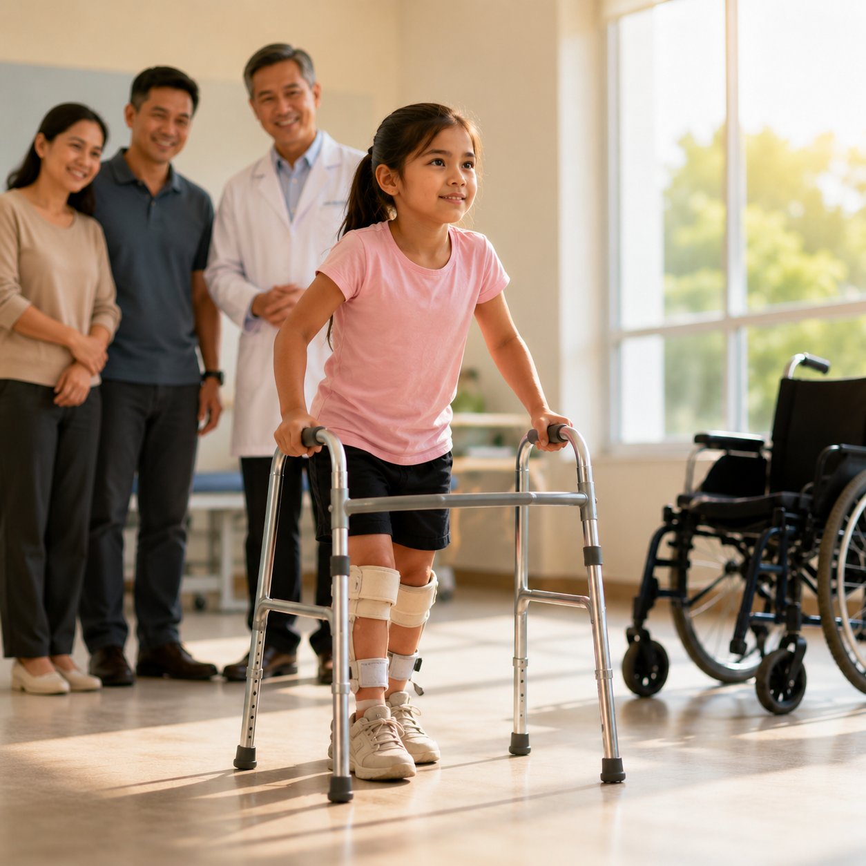 Young Malaysian girl using a walker during neurological rehabilitation while her parents and chiropractor watch supportively