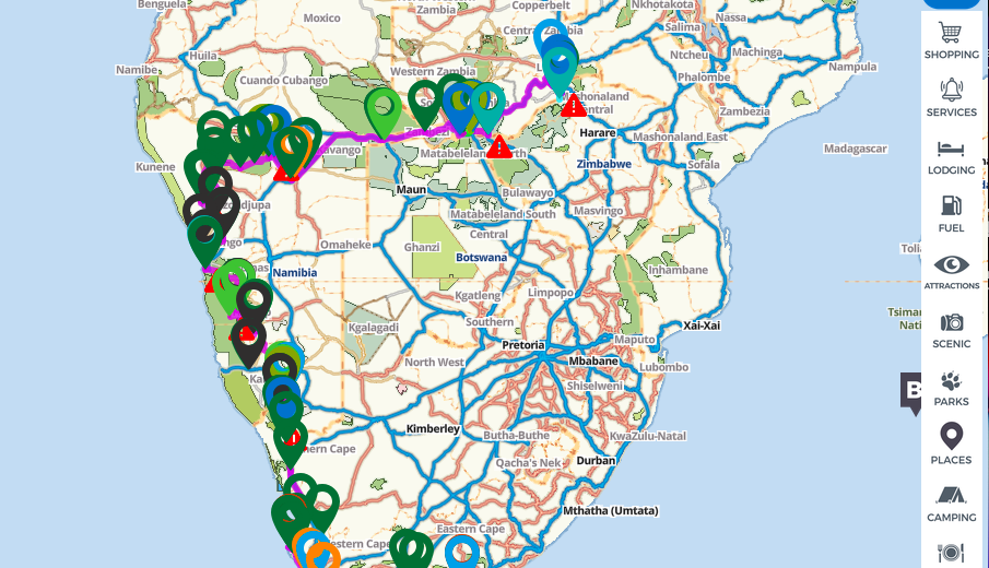 Tracks4Africa map showing an overland route through Zambia, Botswana, Namibia and South Africa.